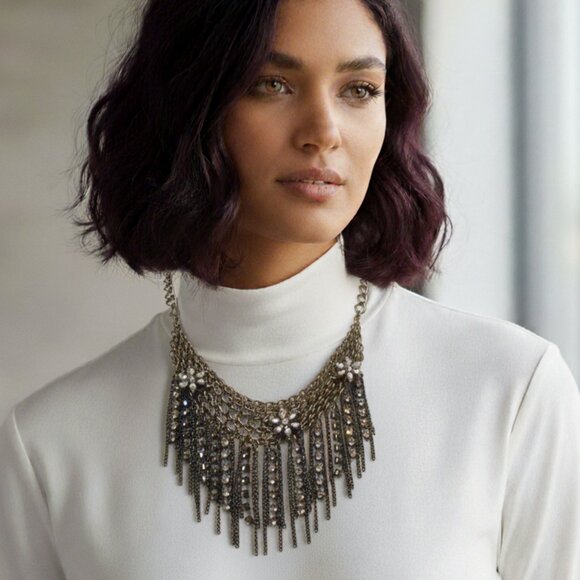 Vintage Chainmail Bib Necklace with Chain Fringe and Rhinestone Flower Accents - Picture 11 of 12